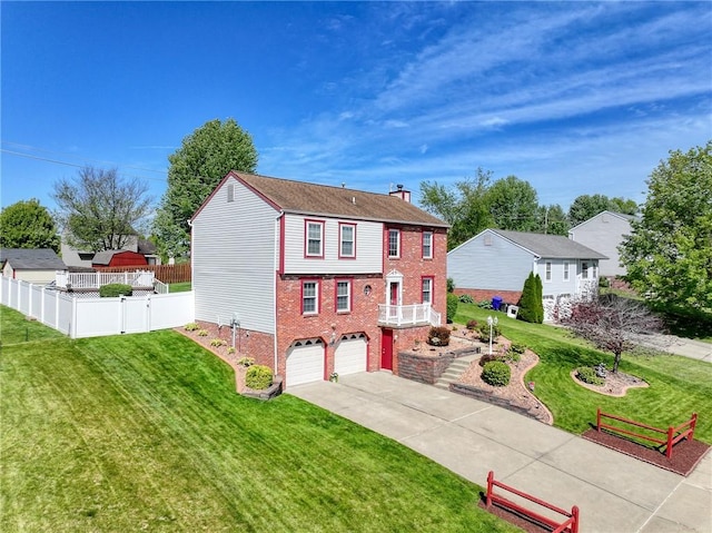 view of front facade featuring concrete driveway, brick siding, a garage, and a chimney