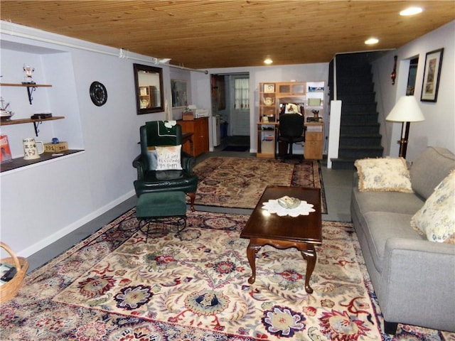 959 E Main St, Somerset Boro, PA 15501 - living area featuring wood ceiling, stairs, recessed lighting, and baseboards