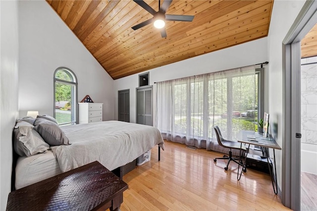 bedroom with high vaulted ceiling, wood ceiling, light wood-type flooring, and ceiling fan
