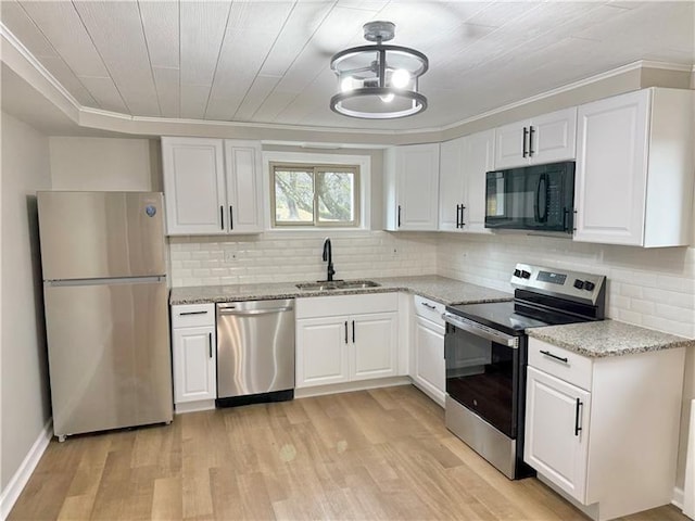kitchen with appliances with stainless steel finishes, a sink, white cabinetry, light wood finished floors, and tasteful backsplash