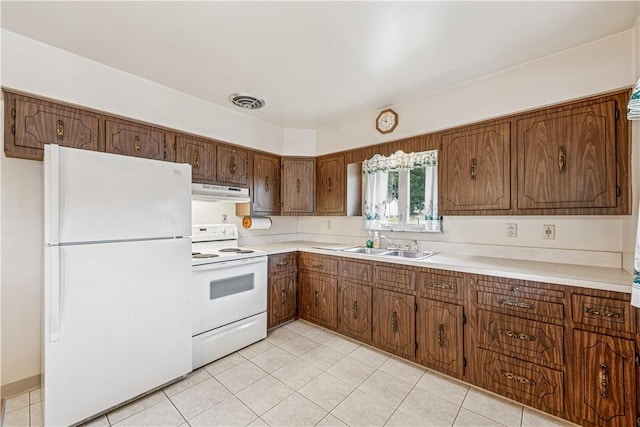 741 Whitehead Ln, North Huntingdon, PA 15642 - kitchen featuring white appliances, under cabinet range hood, light countertops, a sink, and brown cabinets