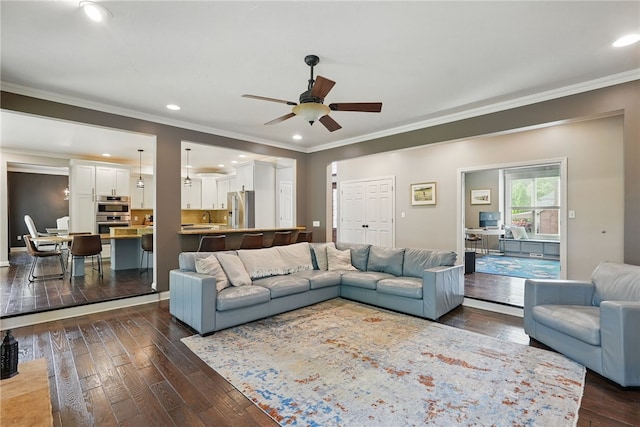 104 Ross Creek Ln, Peters Twp, PA 15367 - living area featuring a ceiling fan, dark wood finished floors, ornamental molding, and recessed lighting