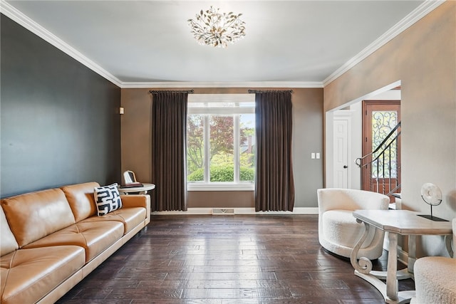 104 Ross Creek Ln, Peters Twp, PA 15367 - living room featuring dark wood-style flooring, baseboards, and ornamental molding