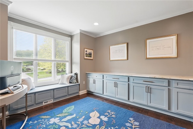 104 Ross Creek Ln, Peters Twp, PA 15367 - sitting room featuring dark wood-type flooring, ornamental molding, recessed lighting, an office area, and baseboards