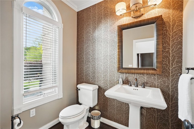 104 Ross Creek Ln, Peters Twp, PA 15367 - bathroom with wallpapered walls, crown molding, toilet, baseboards, and healthy amount of natural light