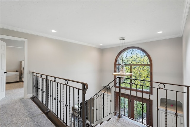 104 Ross Creek Ln, Peters Twp, PA 15367 - hall featuring an upstairs landing, carpet floors, recessed lighting, and baseboards