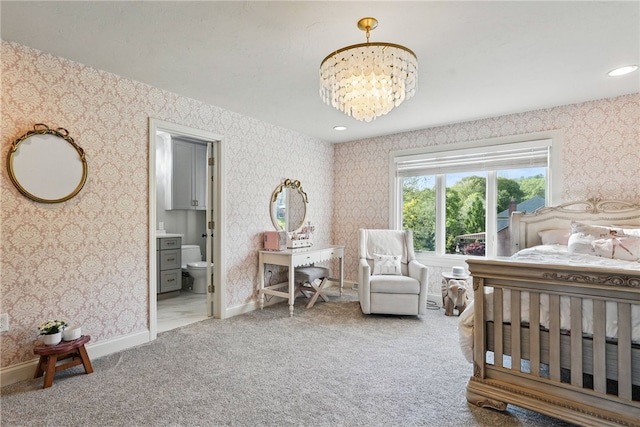 104 Ross Creek Ln, Peters Twp, PA 15367 - carpeted bedroom featuring wallpapered walls, a chandelier, baseboards, connected bathroom, and recessed lighting