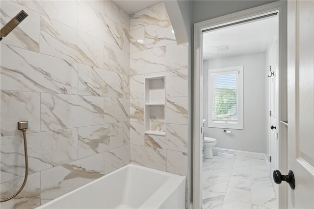 104 Ross Creek Ln, Peters Twp, PA 15367 - bathroom with marble finish floors, toilet, baseboards, and tub / shower combination