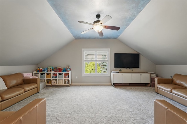 104 Ross Creek Ln, Peters Twp, PA 15367 - carpeted living area with vaulted ceiling, a ceiling fan, and baseboards