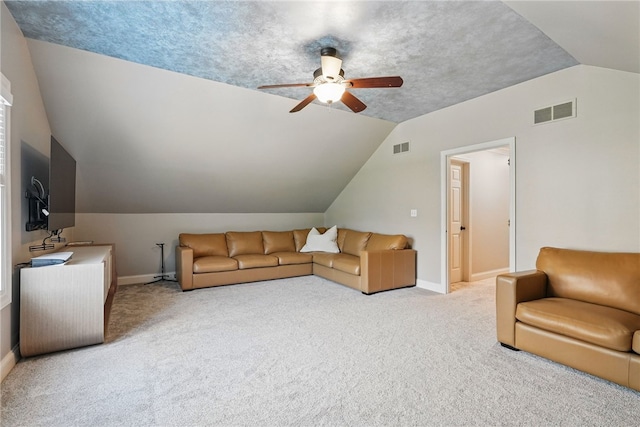 104 Ross Creek Ln, Peters Twp, PA 15367 - living room featuring a ceiling fan, vaulted ceiling, light carpet, and baseboards