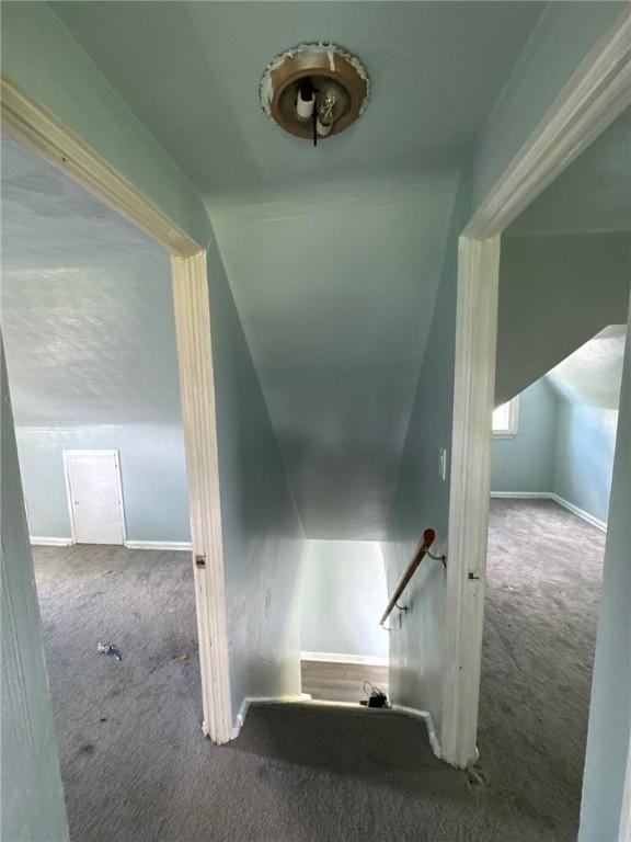 stairway featuring carpet, baseboards, and lofted ceiling