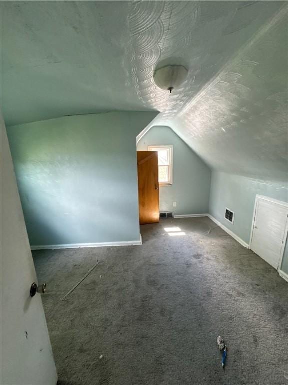 additional living space featuring vaulted ceiling, baseboards, carpet flooring, and a textured ceiling