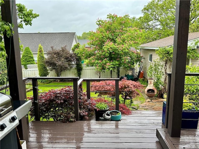 wooden terrace featuring fence