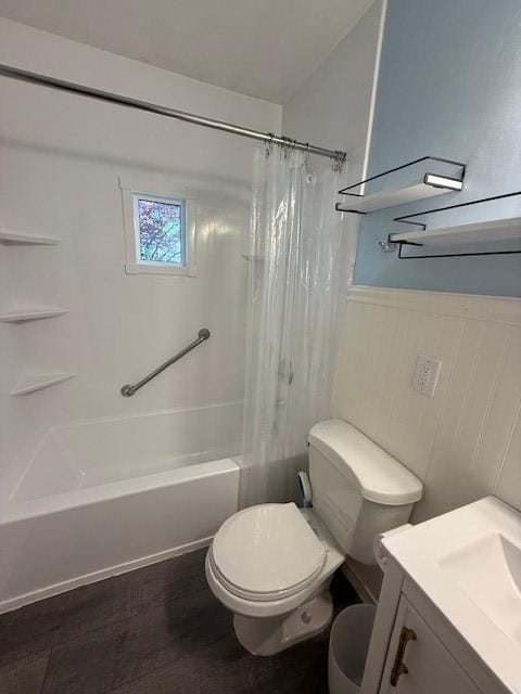 130 Anthon Dr, Penn Hills, PA 15235 - bathroom with a wainscoted wall, toilet, shower / tub combo with curtain, vanity, and wood finished floors