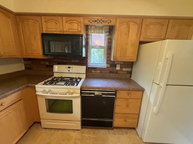 130 Anthon Dr, Penn Hills, PA 15235 - kitchen featuring black appliances, dark countertops, decorative backsplash, light tile patterned flooring, and light brown cabinetry