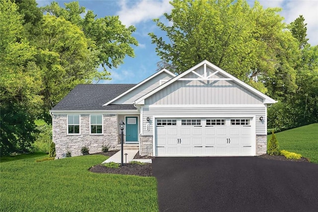 craftsman inspired home with stone siding, an attached garage, driveway, and a front yard