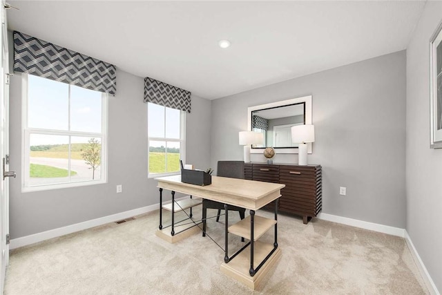 home office featuring baseboards, light colored carpet, and recessed lighting