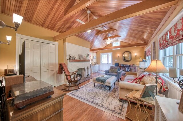 1010 Glenshaw Ave, Shaler, PA 15116 - living room featuring wood ceiling, ceiling fan, a fireplace, and wood finished floors