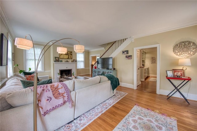 1010 Glenshaw Ave, Shaler, PA 15116 - living room featuring crown molding, wood finished floors, a fireplace, radiator heating unit, and baseboards