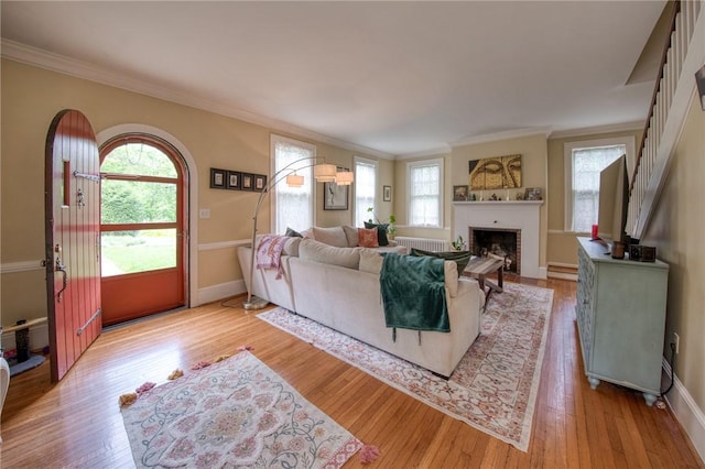 1010 Glenshaw Ave, Shaler, PA 15116 - living area with plenty of natural light, crown molding, a fireplace with flush hearth, light wood finished floors, and baseboards
