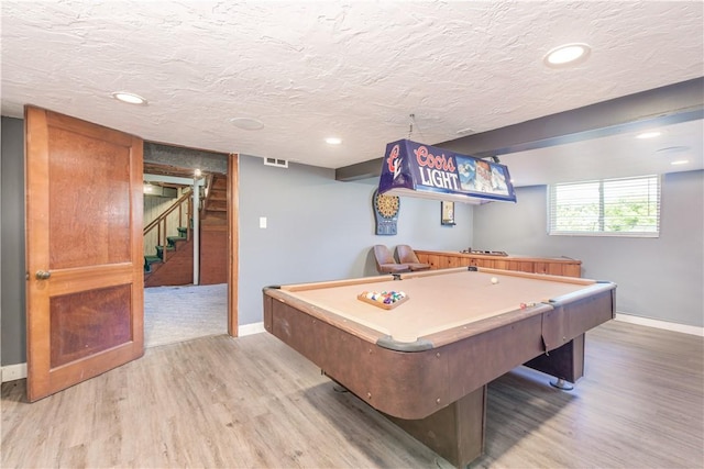 5251 Meadowgreen Dr, Whitehall, PA 15236 - rec room featuring light wood-style flooring, billiards table, baseboards, a textured ceiling, and recessed lighting