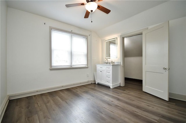18 W Manilla Ave, Green Tree, PA 15220 - unfurnished bedroom featuring dark wood-style floors, vaulted ceiling, baseboards, and ceiling fan