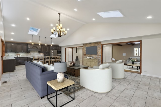 living room featuring a skylight, a chandelier, high vaulted ceiling, beam ceiling, and recessed lighting