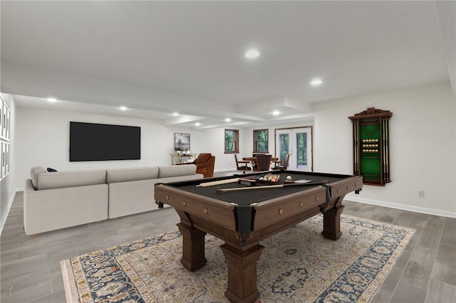 rec room featuring recessed lighting, billiards table, wood finished floors, and baseboards