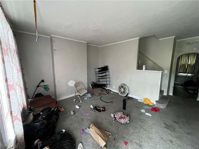 5415 2nd Ave, Hazelwood, PA 15207 - unfurnished living room with crown molding, carpet flooring, and baseboards