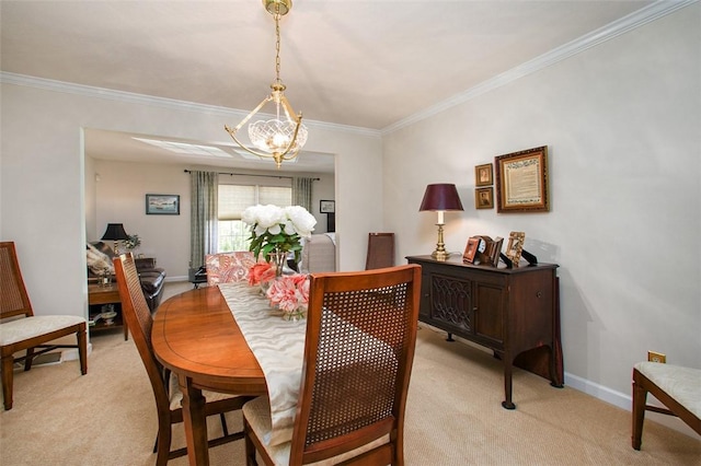 707 Cherry Blossom Ct, Murrysville, PA 15626 - dining space featuring light colored carpet, crown molding, a chandelier, and baseboards