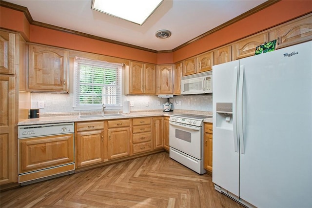 707 Cherry Blossom Ct, Murrysville, PA 15626 - kitchen with white appliances, a sink, light countertops, ornamental molding, and backsplash