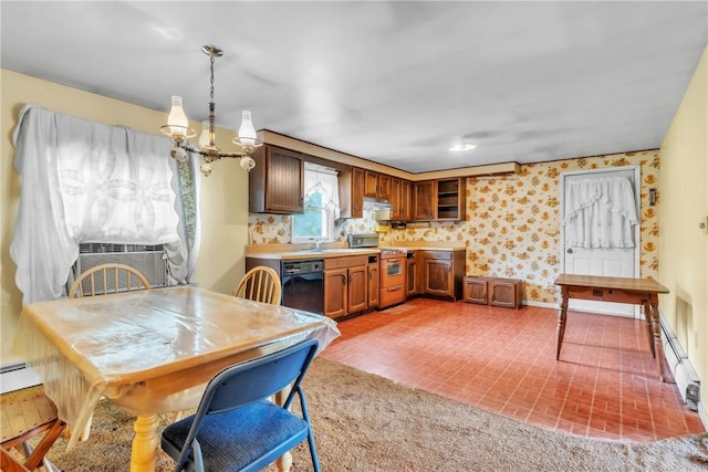 kitchen featuring stainless steel gas range oven, black dishwasher, a sink, cooling unit, and light countertops