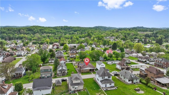 aerial view of residential area with a heavily wooded area