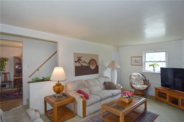 living room featuring light colored carpet
