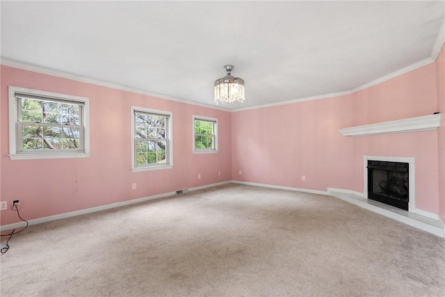 1024 Maine Ave, Hopewell Twp Bea, PA 15001 - unfurnished living room with a chandelier, carpet, ornamental molding, a fireplace with raised hearth, and baseboards
