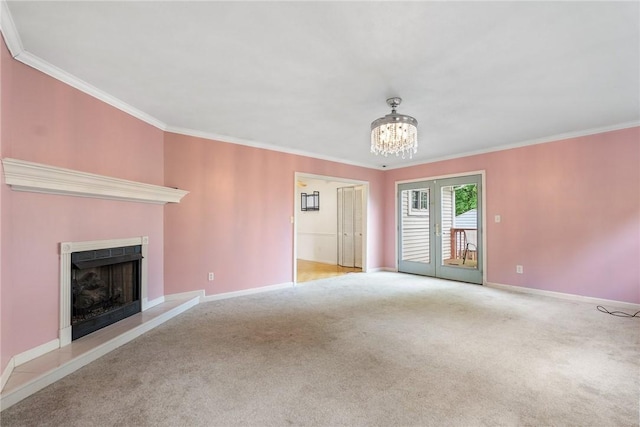 1024 Maine Ave, Hopewell Twp Bea, PA 15001 - unfurnished living room featuring carpet floors, ornamental molding, a fireplace with raised hearth, baseboards, and a chandelier