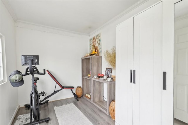 exercise room with crown molding and light wood-style floors