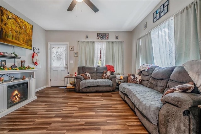 living room featuring plenty of natural light, ceiling fan, wood finished floors, and a glass covered fireplace