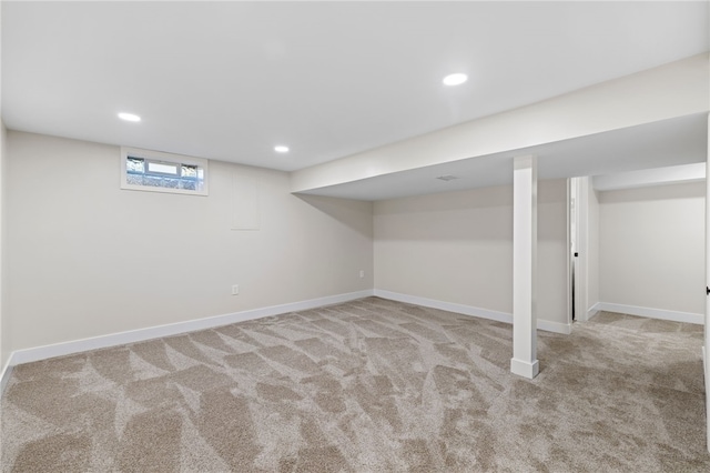 basement featuring carpet floors, recessed lighting, and baseboards