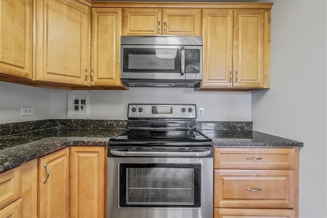kitchen with stainless steel appliances and dark stone countertops