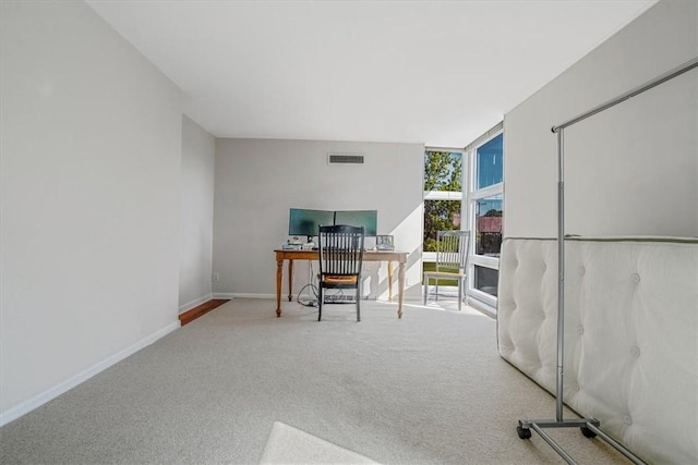 office space featuring carpet, baseboards, and a wall of windows