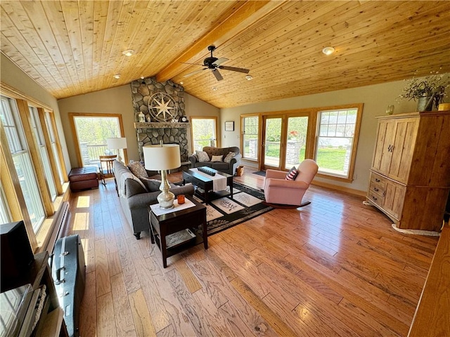 259 Old Mercer Rd, Springfield Twp Mer, PA 16156 - living area featuring light wood-style floors, a ceiling fan, healthy amount of natural light, wooden ceiling, and a fireplace