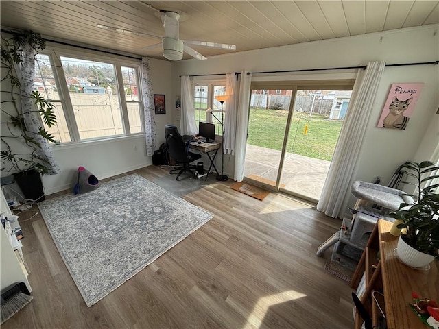office space with wood finished floors, wood ceiling, and a ceiling fan