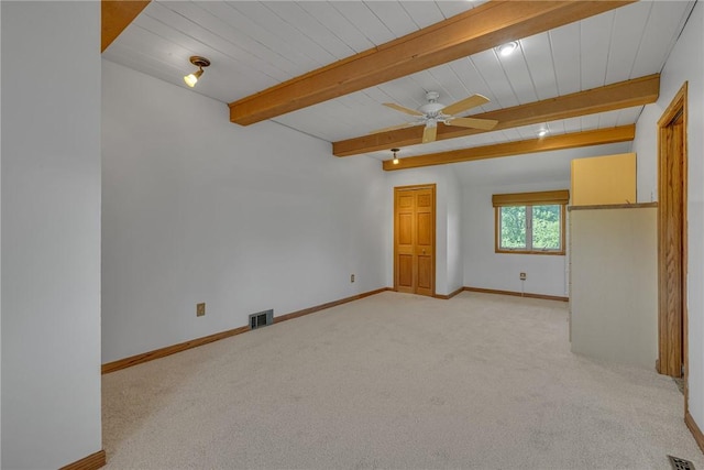 584 Park Rd, Chippewa Twp, PA 15010 - spare room with ceiling fan, light carpet, baseboards, and wooden ceiling with exposed beams