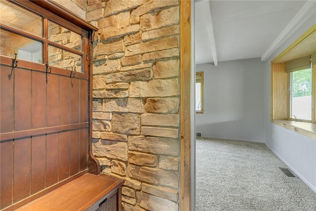 584 Park Rd, Chippewa Twp, PA 15010 - mudroom featuring carpet and beam ceiling