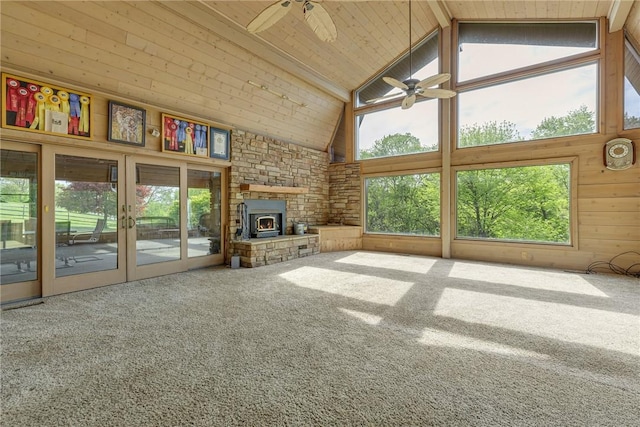 584 Park Rd, Chippewa Twp, PA 15010 - unfurnished living room with ceiling fan, high vaulted ceiling, wood ceiling, carpet flooring, and wooden walls