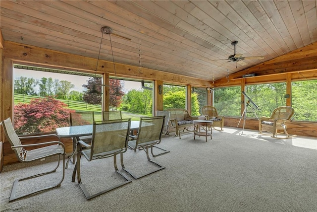 584 Park Rd, Chippewa Twp, PA 15010 - sunroom / solarium featuring outdoor dining space, lofted ceiling, wood ceiling, ceiling fan, and carpet flooring