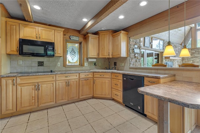 584 Park Rd, Chippewa Twp, PA 15010 - kitchen featuring black appliances, a peninsula, a textured ceiling, decorative backsplash, and a sink
