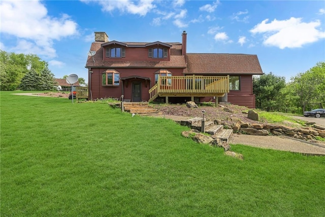 584 Park Rd, Chippewa Twp, PA 15010 - rear view of house with a chimney, a yard, a wooden deck, and roof with shingles