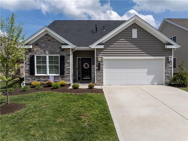 view of front facade featuring stone siding, concrete driveway, an attached garage, a front lawn, and a shingled roof